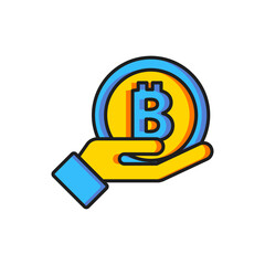 Poster - Color Hand holding Bitcoin icon isolated on white background. Blockchain technology, digital money market, cryptocoin wallet. Flat filled outline style with shadow. Vector