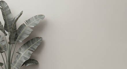 Poster - Minimalist indoor shot of a tropical plant with large leaves against a neutral wall, perfect for backgrounds and design projects with copy space