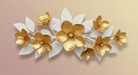 Poster - Stunning 3D Render of Golden Flowers and White Leaves on a Gradient Background, Artistic Floral Design for Decoration and Creative Projects
