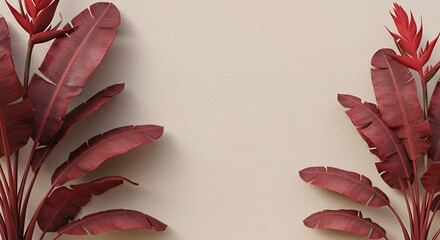 Poster - Stunning artistic composition featuring vibrant red banana leaves and exotic flowers against a textured beige wall, offering a modern aesthetic.