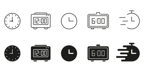 Poster - Clock And Timer Line And Solid Icon Set. Time Management, Alarm, And Speed Tracking Symbol Collection. Includes Analog Clocks, Digital Clocks, And Stopwatch Designs. Isolated Vector Illustration