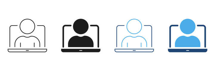 Poster - Person On Laptop Screen Line And Solid Icon Set. Virtual Meeting, Online Communication, Remote Work Silhouette Symbol Collection. Digital Interaction And Connectivity. Isolated Vector Illustration