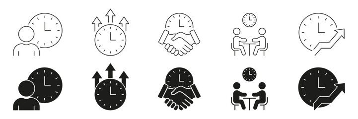 Aufkleber - Business Time Management And Productivity Line And Solid Icon Set. Efficiency, Collaboration, And Growth Symbol Collection. Includes Clocks, People, And Arrows. Isolated Vector Illustration