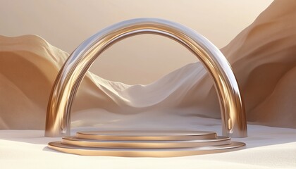 Poster - Surreal Desert Landscape With Metallic Podium Stand Platform And Glossy Metallic Arches In Abstract Dune Cliff Sand Scene Render.