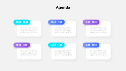 Aufkleber - A clean, modern event agenda showing times and brief tasks, designed with vibrant gradient colors for businesses, conferences, or planning purposes