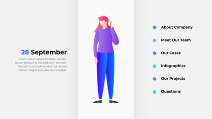 Aufkleber - Graphic depicting an agenda schedule alongside vibrant illustrations of a person with surrounding informational elements emphasizing modern design and accessibility for business and creative content