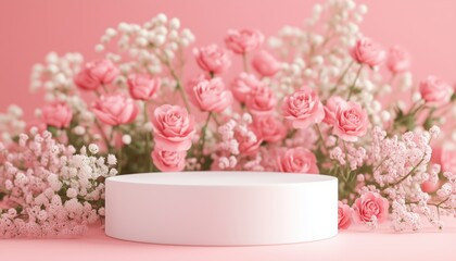 Poster - Valentine'S Day-Themed Rendering Of Blank Podium For Product Presentation Mockup On Cylinder Stage In Lovely Pink