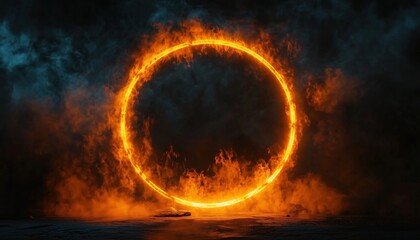 Poster - Glowing Geometric Circle On Dark Background: An Otherworldly Round Portal Emitting Futuristic Smoke In A Mystical Scene.