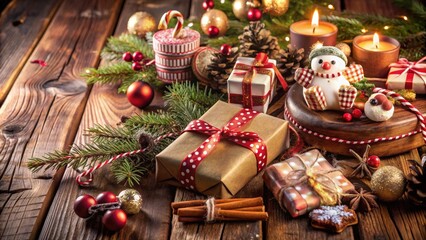 Aufkleber - A festive tabletop scene with presents, candles, and ornaments, creating a cozy winter wonderland atmosphere.