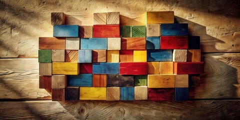 Fototapete - A Colorful Arrangement of Wooden Blocks in a Random Pattern Against a Natural Wood Background