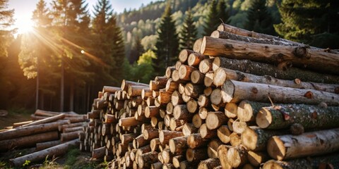 Aufkleber - A stack of freshly cut logs sits in a forest clearing as the sun shines through the trees.