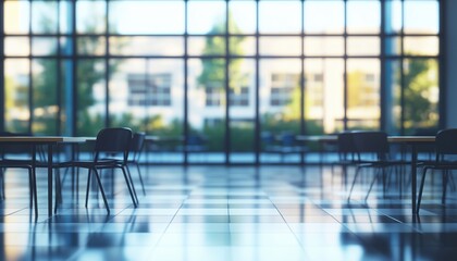 Poster - Stunning Blurred View Of Bright Classroom And Study Room With Panoramic Windows And Lovely Lighting, Empty Chairs And Tables.