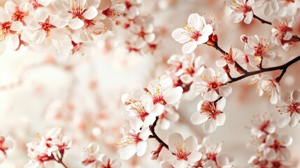 Poster - A seamless simple floral pattern with elegant cherry blossoms scattered across a light pastel background, evoking a sense of serenity