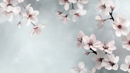 Poster - A seamless simple floral pattern with elegant cherry blossoms scattered across a light pastel background, evoking a sense of serenity