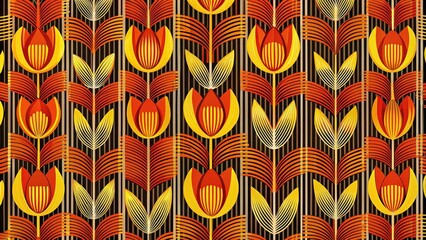 Leinwandbilder - Abstract retro floral pattern with stylized tulips and stripes in orange, yellow, and brown hues