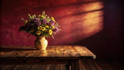 Poster - A rustic wooden table with a vase of colorful flowers, set against a backdrop of textured red walls and a beam of sunlight filtering through a window