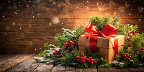 Poster - A festive Christmas gift wrapped in brown paper and adorned with a bright red satin ribbon, nestled amidst evergreen branches dusted with snow, creating a warm and inviting holiday scene.