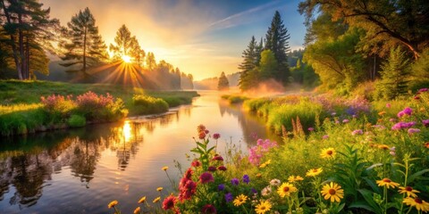Aufkleber - Serene Sunrise Over a River Winding Through a Lush Meadow of Vibrant Wildflowers