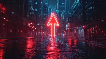 Poster - neon red arrow glowing brightly in a cityscape, cutting through the night and illuminating the way forward.