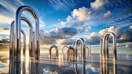 Aufkleber - Reflective Sculptures at Sunset A Serene Arrangement of Polished Metal Arcs Against a Dramatic Sky