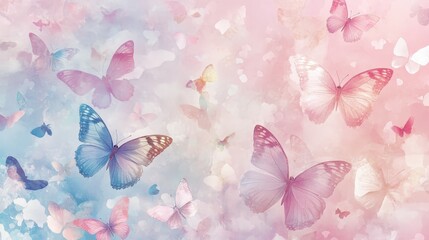 Poster - pastel butterfly background with soft, shimmering butterflies fluttering across a soft gradient of pinks, blues, and purples
