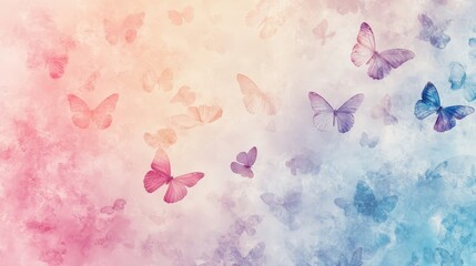Poster - pastel butterfly background with soft, shimmering butterflies fluttering across a soft gradient of pinks, blues, and purples