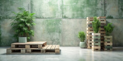Poster - Serene Minimalist Interior Design Featuring Planters and Wooden Pallet Furniture Against a Textured Green Wall