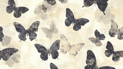 Poster - A sleek, modern butterfly wallpaper with dark butterflies in shades of navy, gray, and black, set against a pale, soft background