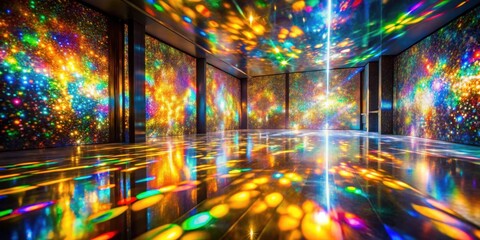 Aufkleber - A mesmerizing immersive environment with vibrant cosmic patterns reflected on a glossy floor