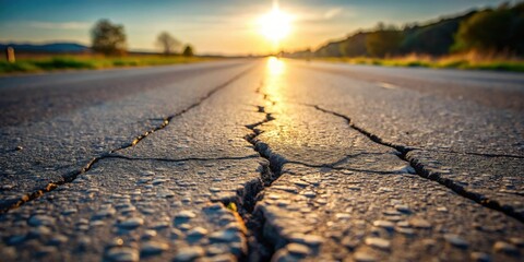 Aufkleber - Sunset Asphalt Road Texture Close-up View of Cracked Pavement at Golden Hour