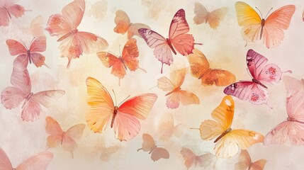 Poster - A soft butterfly-themed background with butterflies in shades of pink, orange, and yellow