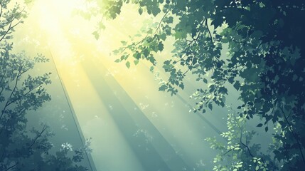 Poster - soft, gradient vector of sun rays shining through a forest canopy, creating a calming and natural atmosphere