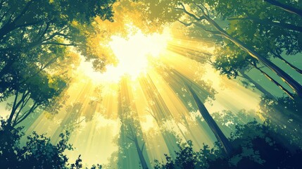 Poster - soft, gradient vector of sun rays shining through a forest canopy, creating a calming and natural atmosphere