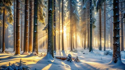 Poster - A Winter Sunrise Illuminates a Snow-Covered Forest of Tall Evergreens, Casting Long Shadows Across the Pristine Landscape