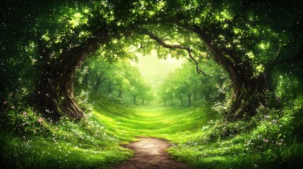 Poster - Enchanting forest path leading through lush greenery towards a bright light illuminating the way