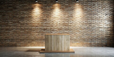 Poster - A minimalist wooden display platform set against a textured brick wall, illuminated by strategically placed spotlights, creating a clean and modern aesthetic.