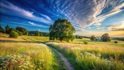 Poster - serene meadow path at sunset with blooming wildflowers and a majestic tree