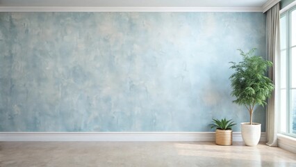 Aufkleber - Serene Room Interior Design with Light Blue Textured Wall, Potted Plants, and Sunlight Streaming Through Window