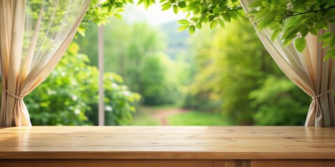 Poster - Serene Wooden Tabletop with Lush Greenery Viewed Through Sheer Curtains