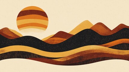 Poster - retro vector of sun rays in a 1970s style, with bold lines and earthy tones for a vintage, nostalgic look