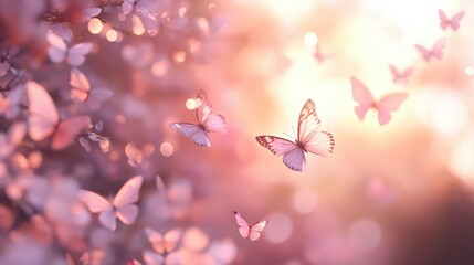 Poster - A romantic butterfly background with subtle pastel-colored butterflies gently drifting across a soft, blurred background