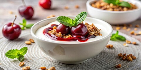 Poster - Delicious Creamy Yogurt Parfait with Cherries and Granola, a Sweet and Refreshing Breakfast or Dessert Option