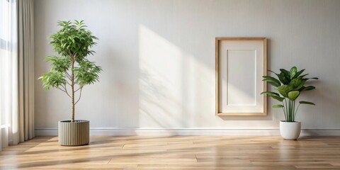 Leinwandbilder - Sunlight illuminates a minimalist interior scene featuring two potted plants and a blank frame on a light wall