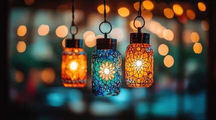 Poster - Three striking colorful lights gracefully hanging from a string against a softly lit background