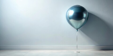 Fototapete - A single metallic blue balloon stands tethered to the floor against a pale wall, casting a subtle shadow.
