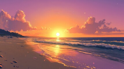 Wall Mural - a sunset over a pristine beach, where the sun slowly disappears behind the horizon, casting rich hue
