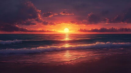 Wall Mural - a sunset over a pristine beach, where the sun slowly disappears behind the horizon, casting rich hue