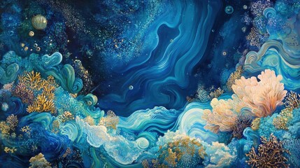Poster - A surreal underwater fluid background with deep ocean blues, soft turquoise swirls, and glowing coral-inspired patterns.