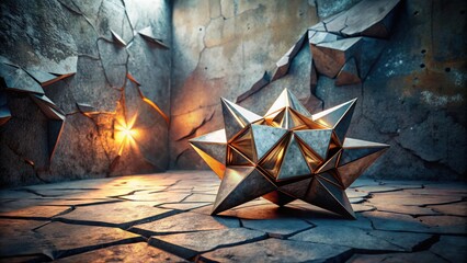 Poster - A metallic, multifaceted geometric star rests on a cracked, stone surface within a dimly lit, rugged chamber