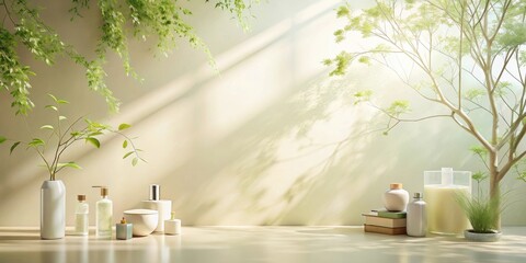 Aufkleber - Serene Minimalist Still Life Featuring Elegant Home Fragrance and Botanical Accents Against a Soft, Sunlit Background